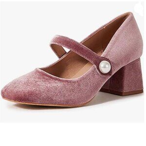 Miss Left Pink Pearl Round Toe Mary Jane Ankle Strap Velvet Chunky Heels Pumps
